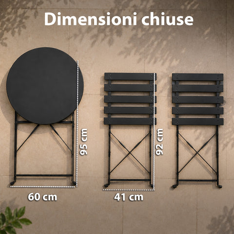 Set Tavolo e 2 Sedie Richiudibili in Ferro da Giardino – Tavolo Rotondo ø 60cm e 2 Sedie Salvaspazio – Portata 150kg/100kg
