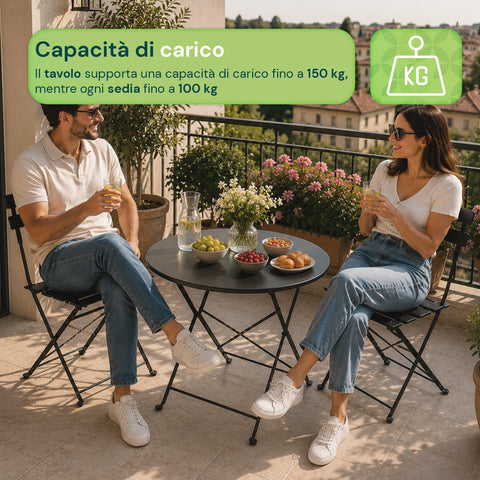 Set Tavolo e 2 Sedie Richiudibili in Ferro da Giardino – Tavolo Rotondo ø 60cm e 2 Sedie Salvaspazio – Portata 150kg/100kg