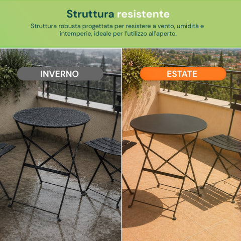Set Tavolo e 2 Sedie Richiudibili in Ferro da Giardino – Tavolo Rotondo ø 60cm e 2 Sedie Salvaspazio – Portata 150kg/100kg