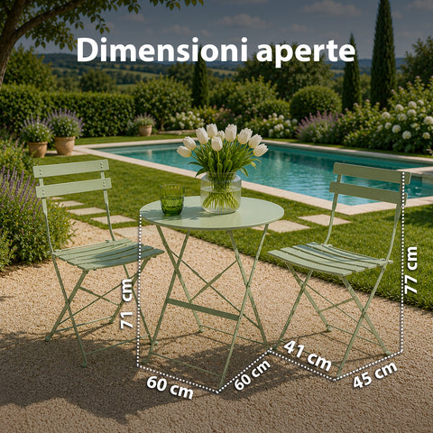 Set Tavolo e 2 Sedie Richiudibili in Ferro da Giardino – Tavolo Rotondo ø 60cm e 2 Sedie Salvaspazio – Portata 150kg/100kg