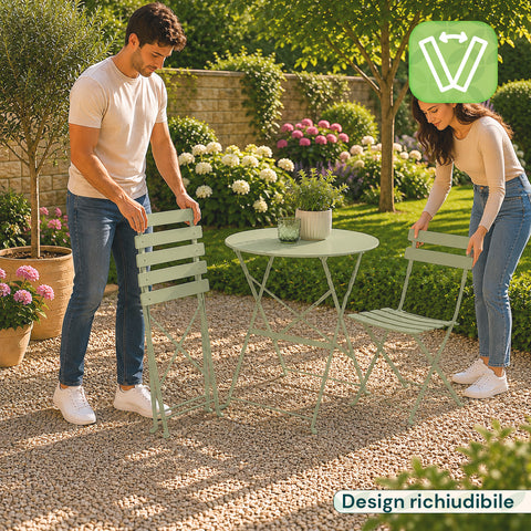 Set Tavolo e 2 Sedie Richiudibili in Ferro da Giardino – Tavolo Rotondo ø 60cm e 2 Sedie Salvaspazio – Portata 150kg/100kg