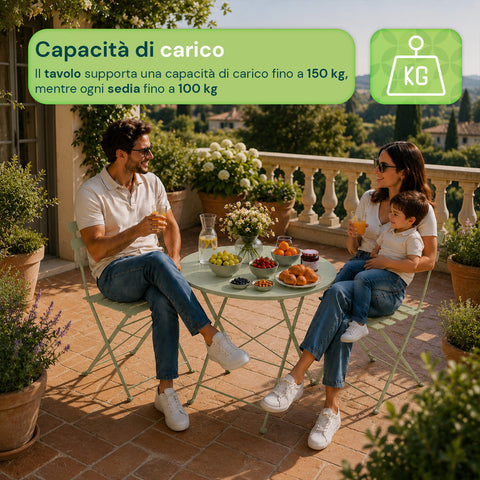 Set Tavolo e 2 Sedie Richiudibili in Ferro da Giardino – Tavolo Rotondo ø 60cm e 2 Sedie Salvaspazio – Portata 150kg/100kg