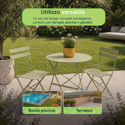 Set Tavolo e 2 Sedie Richiudibili in Ferro  da Giardino – Tavolo Rotondo ø 60cm e 2 Sedie Salvaspazio – Portata 150kg/100kg