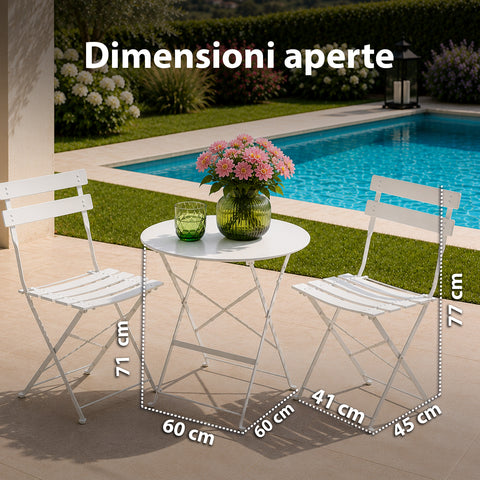 Set Tavolo e 2 Sedie Richiudibili in Ferro  da Giardino – Tavolo Rotondo ø 60cm e 2 Sedie Salvaspazio – Portata 150kg/100kg