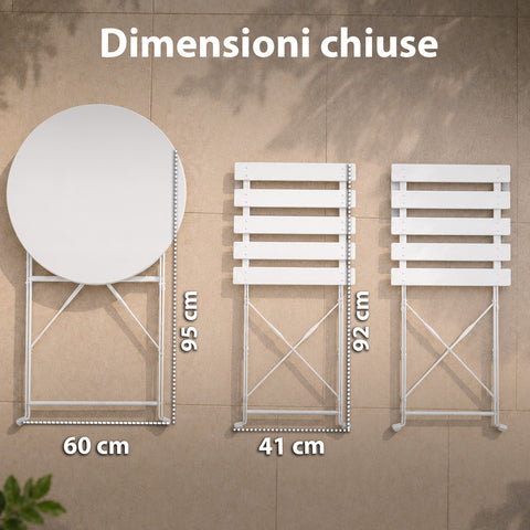 Set Tavolo e 2 Sedie Richiudibili in Ferro  da Giardino – Tavolo Rotondo ø 60cm e 2 Sedie Salvaspazio – Portata 150kg/100kg