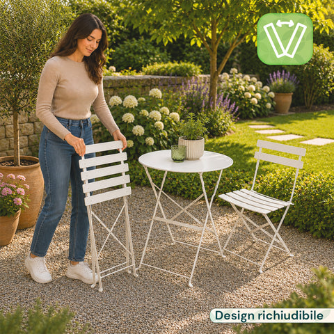 Set Tavolo e 2 Sedie Richiudibili in Ferro  da Giardino – Tavolo Rotondo ø 60cm e 2 Sedie Salvaspazio – Portata 150kg/100kg