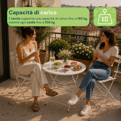 Set Tavolo e 2 Sedie Richiudibili in Ferro  da Giardino – Tavolo Rotondo ø 60cm e 2 Sedie Salvaspazio – Portata 150kg/100kg