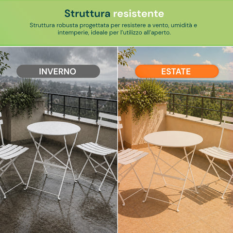 Set Tavolo e 2 Sedie Richiudibili in Ferro  da Giardino – Tavolo Rotondo ø 60cm e 2 Sedie Salvaspazio – Portata 150kg/100kg