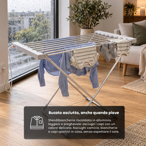Étendoir à linge chauffant en aluminium – 8 barres et design pliable