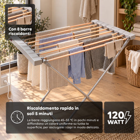 Étendoir à linge chauffant en aluminium – 8 barres et design pliable