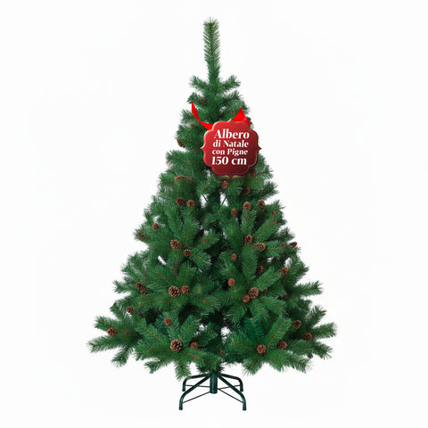 Sapin de Noël Vert Réaliste avec Pommes de Pin et Pied en Métal – 150/180/210 cm