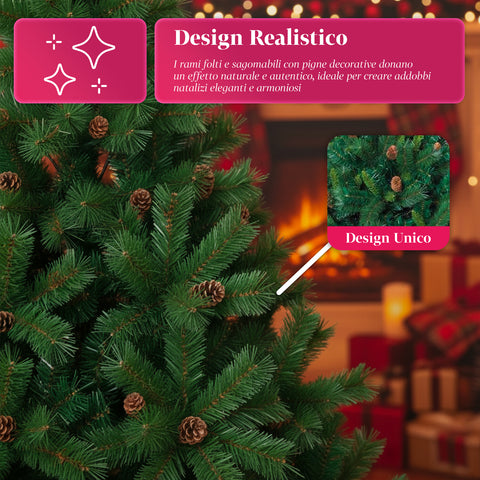 Albero di Natale Verde Realistico con Pigne e Base in Metallo – 150/180/210 cm