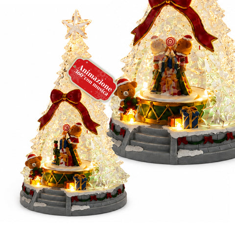 Sapin de Noël lumineux JoyTree avec musique et animation à 360°, lumières LED, scène avec oursons et casse-noisettes, double alimentation USB, 32,5 cm