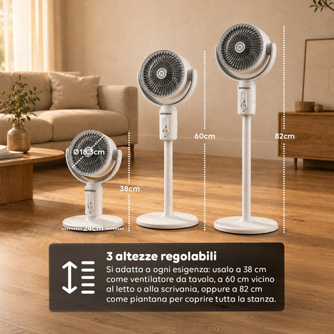 Ventilatore a Piantana Ricaricabile – 3 Altezze, Telecomando e Aromaterapia