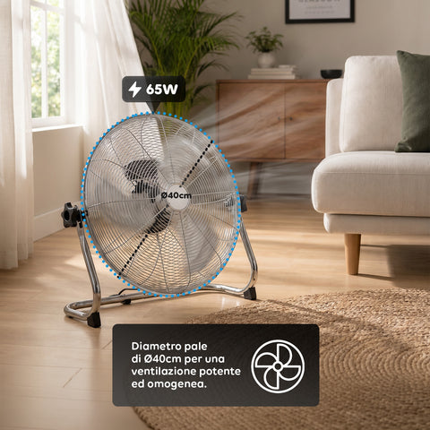 Ventilatore da Terra ø 40cm – Inclinabile, Potenza 65W e Pale in Metallo