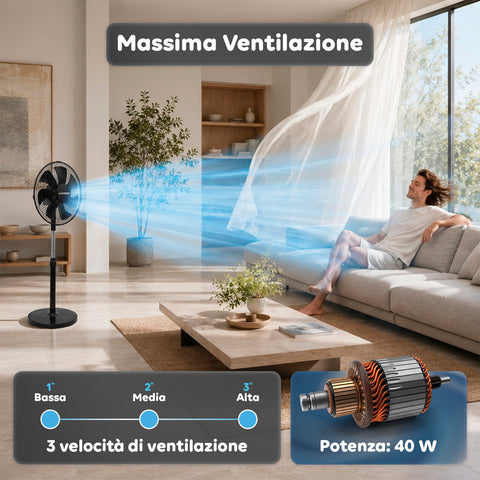 Ventilatore a Piantana 40W con 7 Pale in PP, 3 Velocità, Altezza Regolabile 80-100cm – Oscillazione Orizzontale 60° e Inclinazione 45°