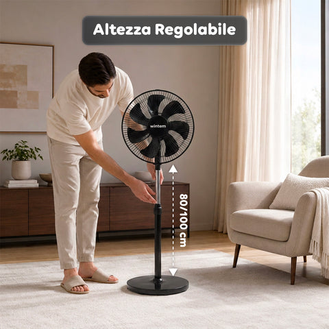 Ventilatore a Piantana 40W con 7 Pale in PP, 3 Velocità, Altezza Regolabile 80-100cm – Oscillazione Orizzontale 60° e Inclinazione 45°