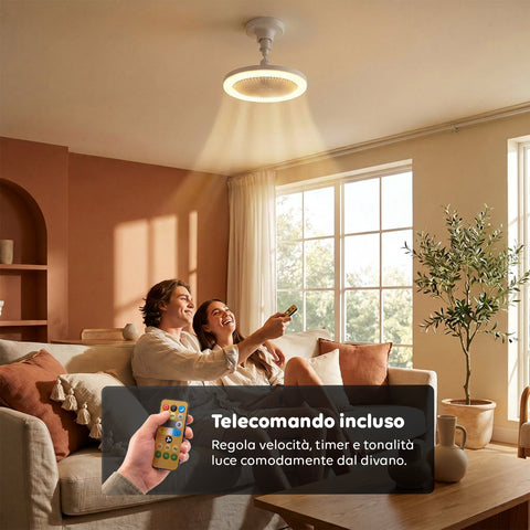 Ventilatore da Soffitto con Luce LED 10W Dimmerabile – 3 Velocità, Timer 4h e Telecomando – Diametro 25cm, Attacco E27, Potenza 55W – Luce Calda, Naturale e Fredda – Silenzioso
