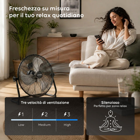 Ventilatore da Terra ø 40cm – Inclinabile, Potenza 65W e Pale in Metallo