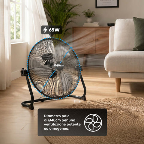 Ventilatore da Terra ø 40cm – Inclinabile, Potenza 65W e Pale in Metallo