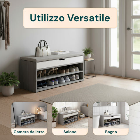 Scarpiera in MDF con Seduta Ribaltabile in Lino Imbottita e 2 Ripiani Salvaspazio