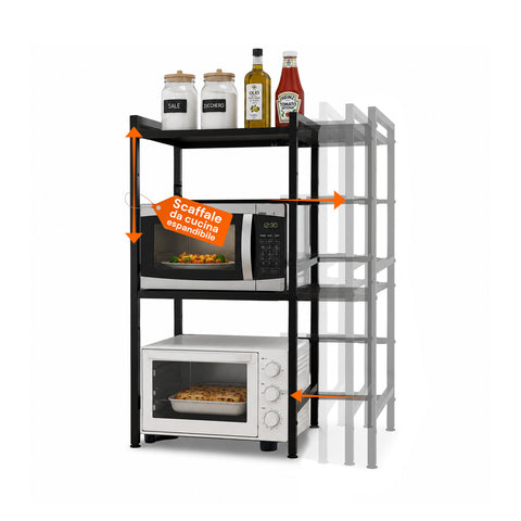 Étagère de Cuisine Extensible à 3 Niveaux en Métal et Bois avec 6 Crochets Inclus