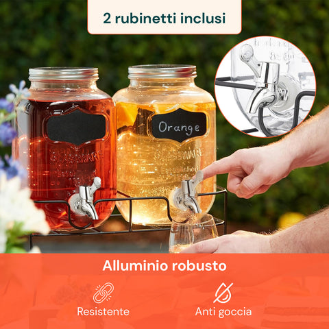Set 2 Dispenser Bevande Vetro 4L con Rubinetto e Supporto in Metallo