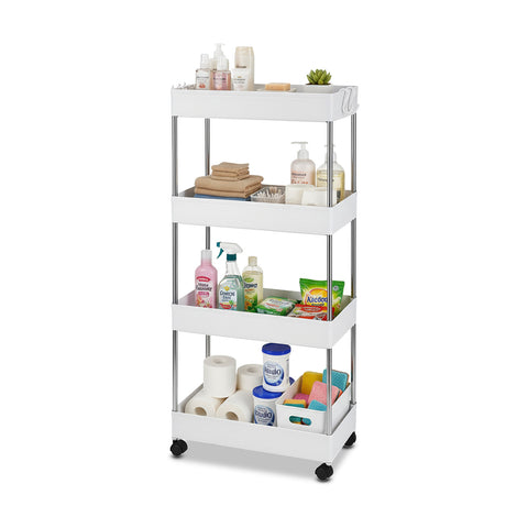 Chariot de rangement multi-usages blanc à 4 niveaux pour cuisine et salle de bain avec crochets