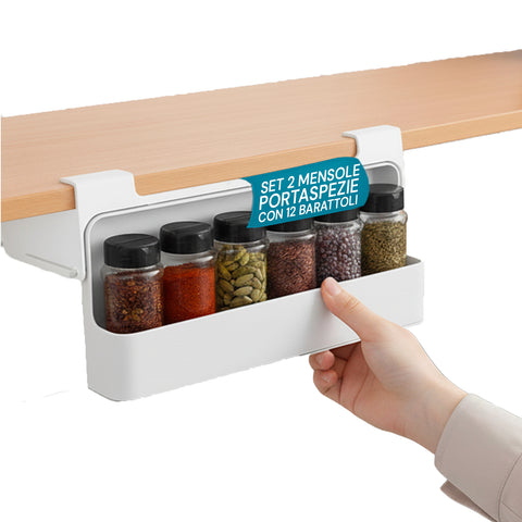 Organisateur de cuisine Porte-épices – Lot de 2 étagères avec 6 bocaux en verre inclus