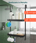 Mensola da Bagno AppendiDoccia Nero con 2 Ripiani e Ganci