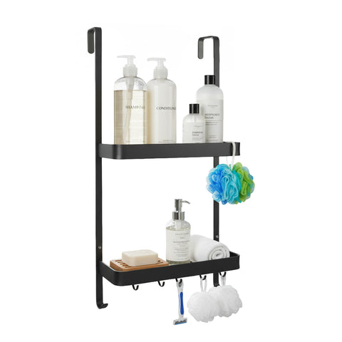 Étagère de Douche Suspendue Noire avec 2 Niveaux et Crochets