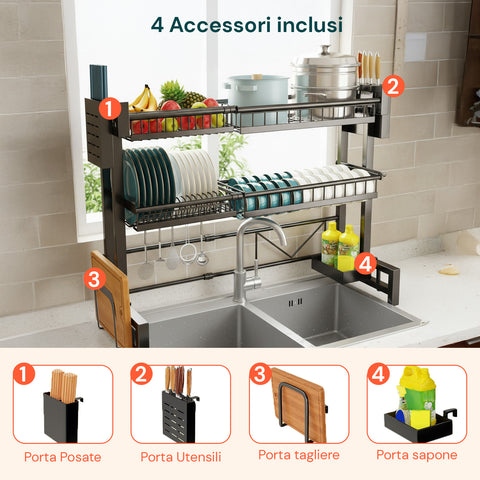 Organizer Cucina 2 Livelli Espandibile con Scolapiatti e Accessori Inclusi