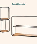 Set 4 Mensole da Parete Design Minimal con Ripiano in MDF e Struttura in Acciaio