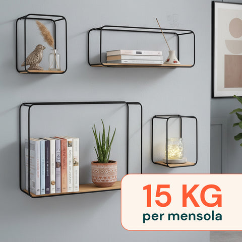 Set 4 Mensole da Parete Design Minimal con Ripiano in MDF e Struttura in Acciaio