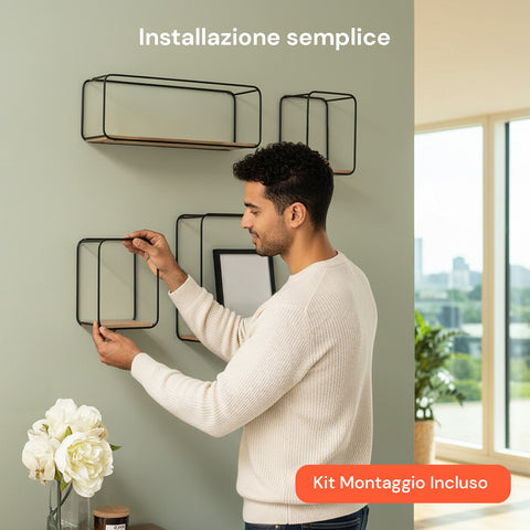 Set 4 Mensole da Parete Design Minimal con Ripiano in MDF e Struttura in Acciaio