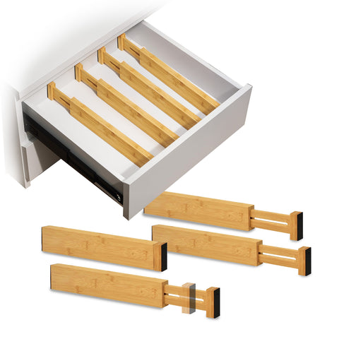 Separatori per Cassetti in Bamboo Regolabili con Molla - Set 4 Pezzi