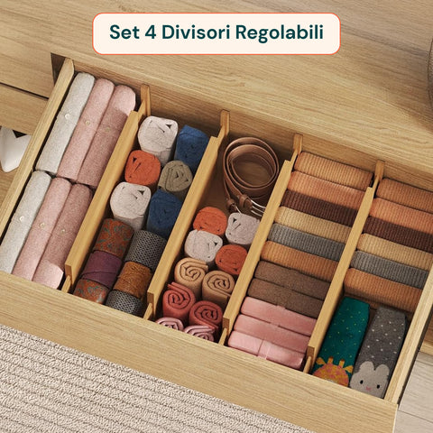 Separatori per Cassetti in Bamboo Regolabili con Molla - Set 4 Pezzi