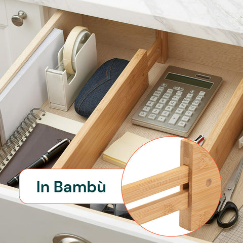Separatori per Cassetti in Bamboo Regolabili con Molla - Set 4 Pezzi