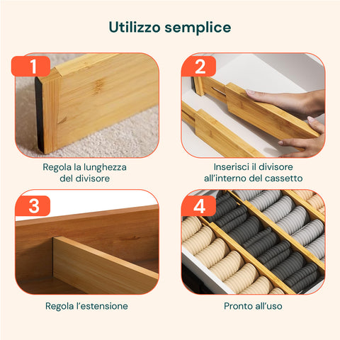 Separatori per Cassetti in Bamboo Regolabili con Molla - Set 4 Pezzi