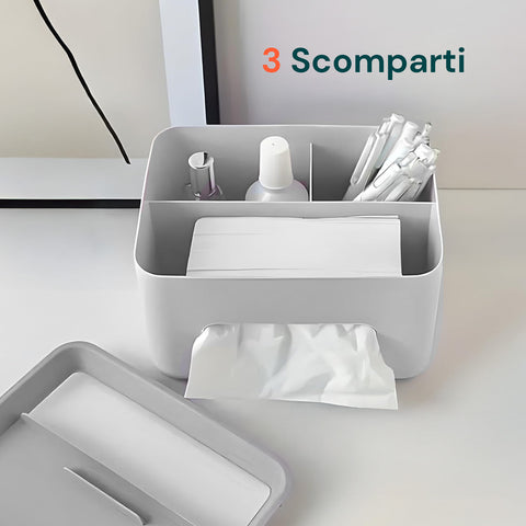 Dispenser Multiuso da Tavolo - Organizer con 3 Scomparti e Porta Fazzoletti
