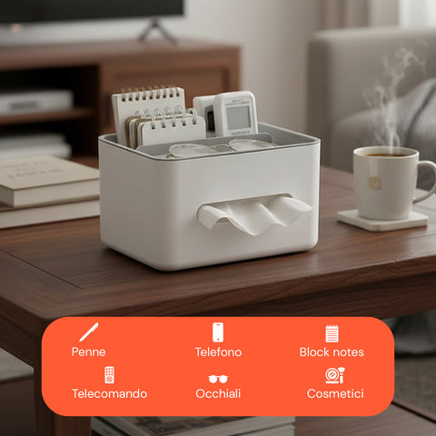 Dispenser Multiuso da Tavolo - Organizer con 3 Scomparti e Porta Fazzoletti