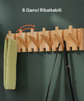 Appendiabiti da Parete in Legno con 6 Ganci Ribaltabili a Scomparsa