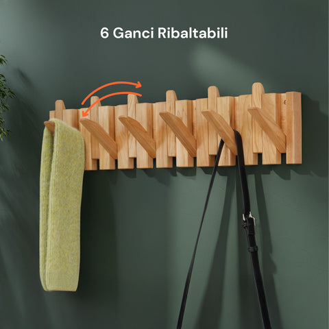 Appendiabiti da Parete in Legno con 6 Ganci Ribaltabili a Scomparsa