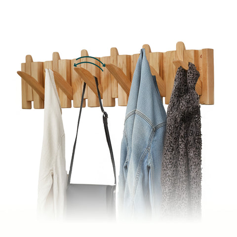 Portemanteau mural en bois avec 6 crochets escamotables