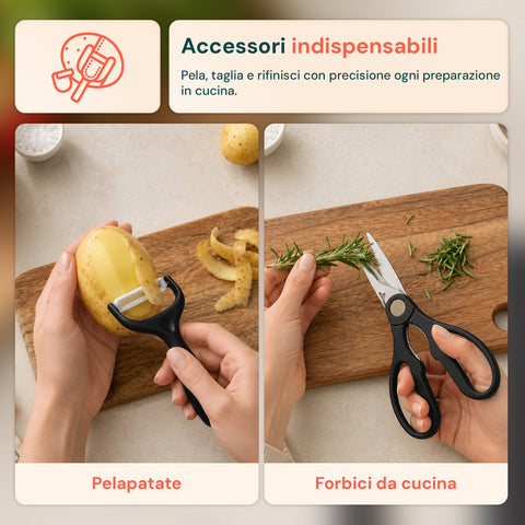 Set Coltelli da Cucina 6 Pezzi in Acciaio Inox con Motivo a Diamante, Completo di: Coltello da Chef, Trancio, Multiuso, Mannaia, Forbici e Pelapatate