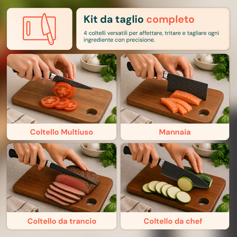 Set Coltelli da Cucina 6 Pezzi in Acciaio Inox con Motivo a Diamante, Completo di: Coltello da Chef, Trancio, Multiuso, Mannaia, Forbici e Pelapatate