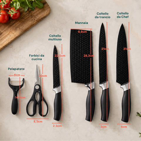 Set Coltelli da Cucina 6 Pezzi in Acciaio Inox con Motivo a Diamante, Completo di: Coltello da Chef, Trancio, Multiuso, Mannaia, Forbici e Pelapatate