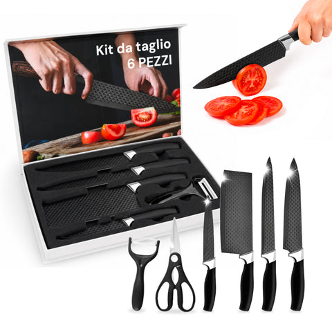 Set de Couteaux de Cuisine 6 Pièces en Acier Inoxydable avec Motif Diamant, Composé de : Couteau de Chef, à Découper, Universel, Hachoir, Ciseaux et Économe