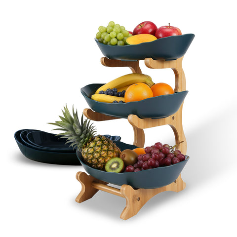 Présentoir à Fruits 3 Étages avec Paniers en Bambou Gain de Place