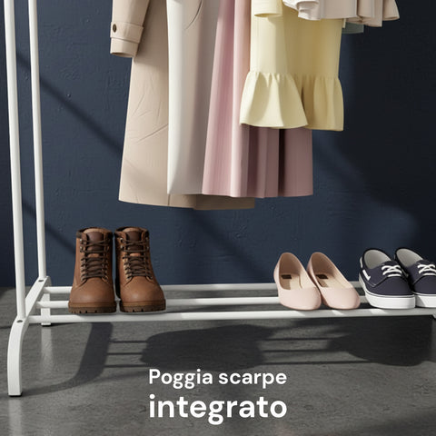 Appendiabiti con Doppia Asta in Metallo Bianco con Ripiano Porta Scarpe